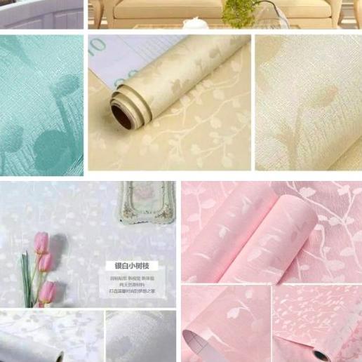 ➨ Wallpaper Dinding Sticker Dinding Biru Muda | Krem | Putih | Ungu | Bertekstur Salur Daun Keren Me