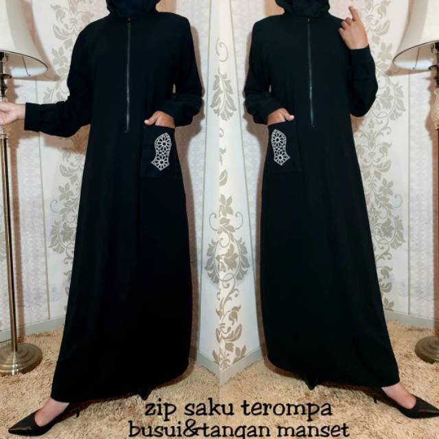 Abaya gamis Arab Hitam Bordir Terompa Saku syari asdf Jumbo (Busui)