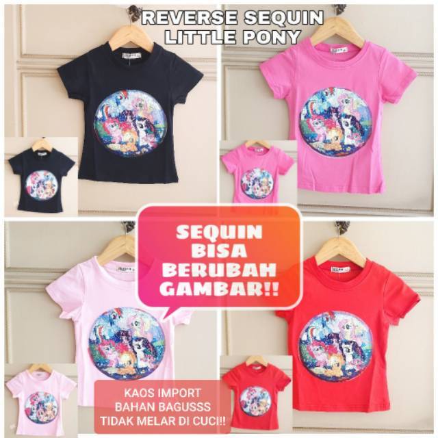 KAOS SEQUIN MOTIF LITTLE PONY UNICORN BISA BERUBAH GAMBAR  IMPORT PINK HITAM BLACK