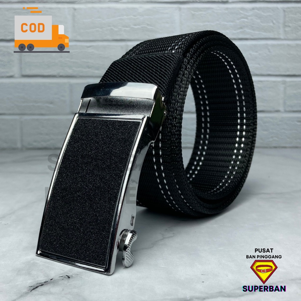 SABUK GESPER FORMAL PREMIUM AUTOMATIC BUCKLE SILVER HITAM LUXURY CANVAS NYLON MOTIF GARIS - SUPERBAN