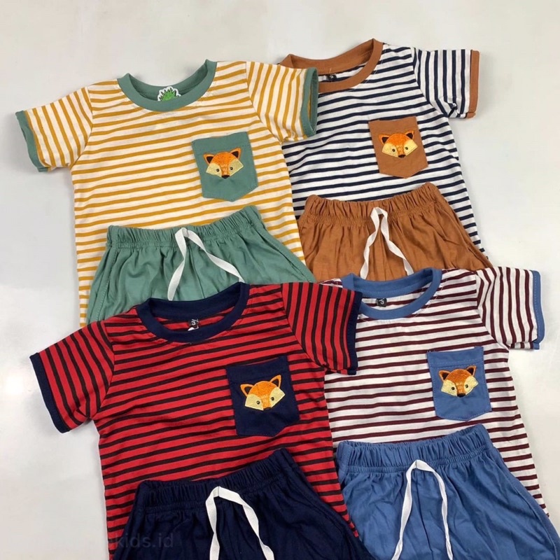 Setelan Anak Stripes Pocket Bordir Unisex 2-10 Tahun Original Kaos Super Premium Pakaian Anak Terlaris Termurah Best Seller