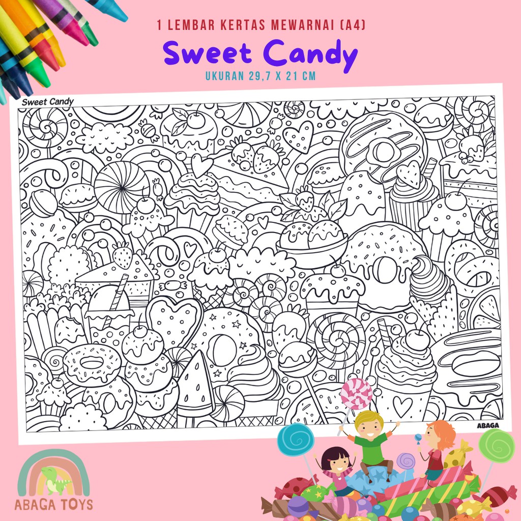 (Min Order 10Pcs) Kertas Gambar Mewarnai A4 - Latih Imajinasi, Kreativitas, Eksplorasi Warna (Coloring Page)-Sweet Candy