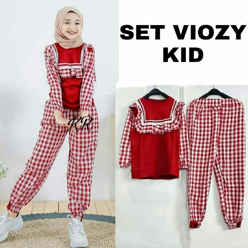 ST Set Stelan Anak Atasan Celana Viozy Babyterry Katun Kotak Kid Kids