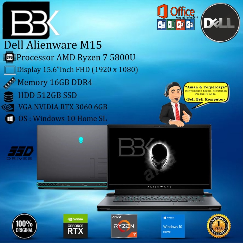 Dell Alienware M15 Ryzen 7-5800H 16GB 512GB SSD VGA 6GB W10H+OHS 1Yr