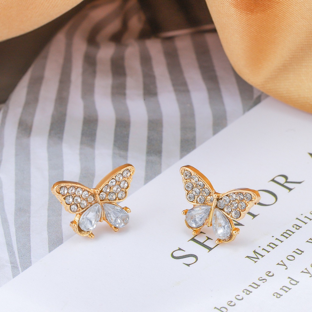Fancyqube Anting Stud Zircon Berlian Imitasi Bentuk Kupu-Kupu Gaya Punk Korea Untuk Wanita