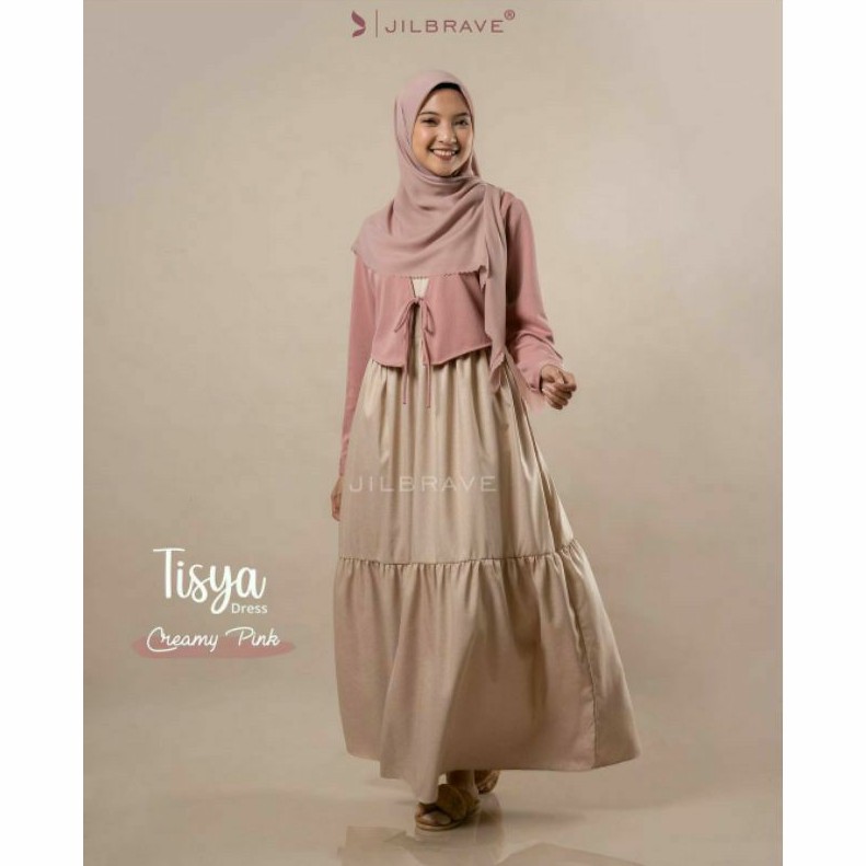 TISYA DRESS Creamy Pink BY JILBRAVE / Gamis Katun Madina dengan Outer Bahan Knit