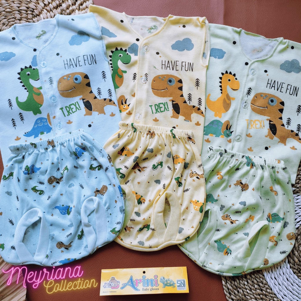 3 Baju Bayi Setelan Lengan Kutung Kancing Depan Bayi Newborn usia 0-3 Bulan Motip Dinosaurus