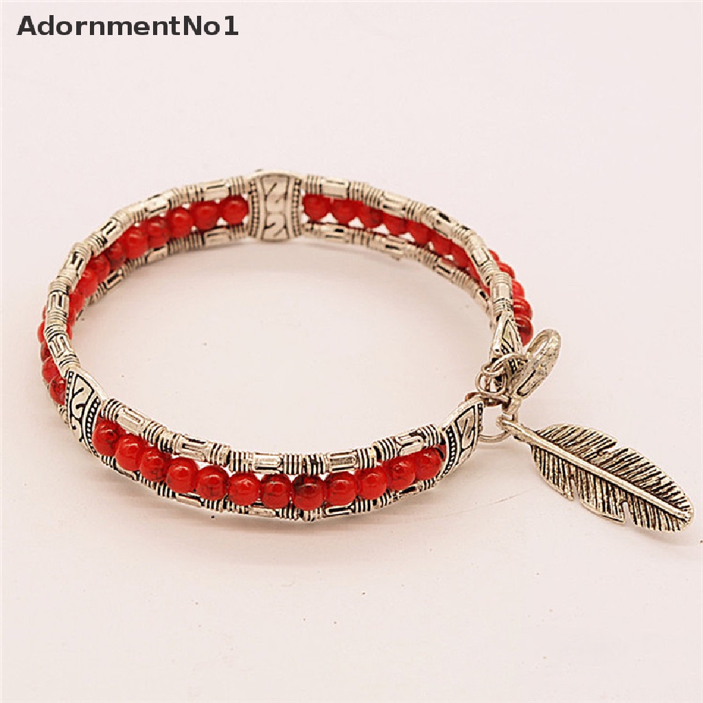 (AdornmentNo1) Gelang Tangan Silver Gaya Tibet Vintage Bohemia Motif Bulu + Batu Turquoise Untuk Wanita