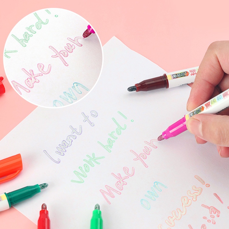 8 / 12 Warna Pena Highlighter Kontur Garis Ganda Glitter Warna-Warni Untuk Siswa