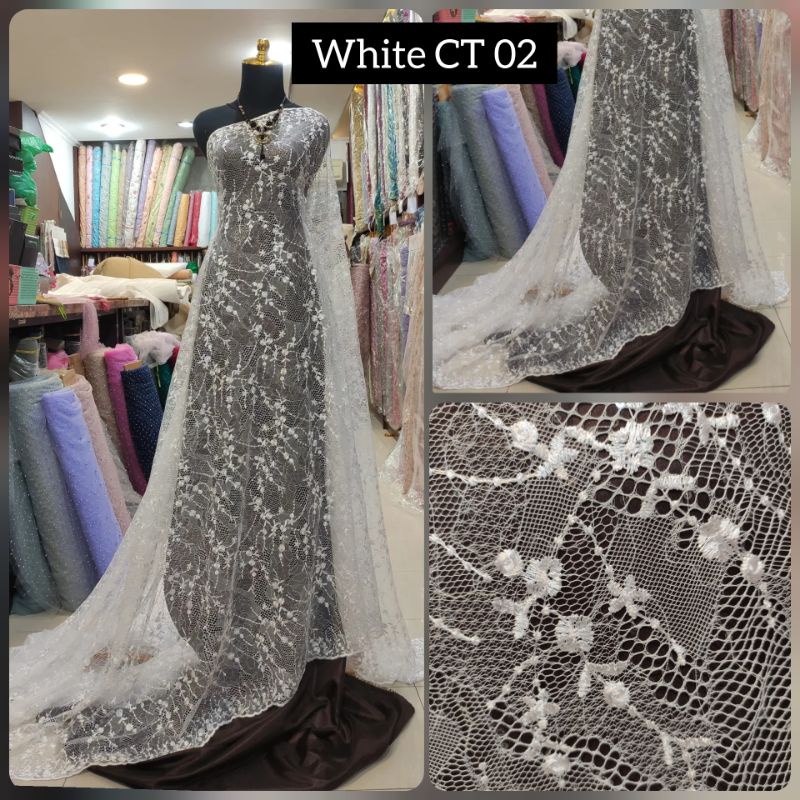 Kain Tile Brokat Putih Bridal Payet CT 02 White