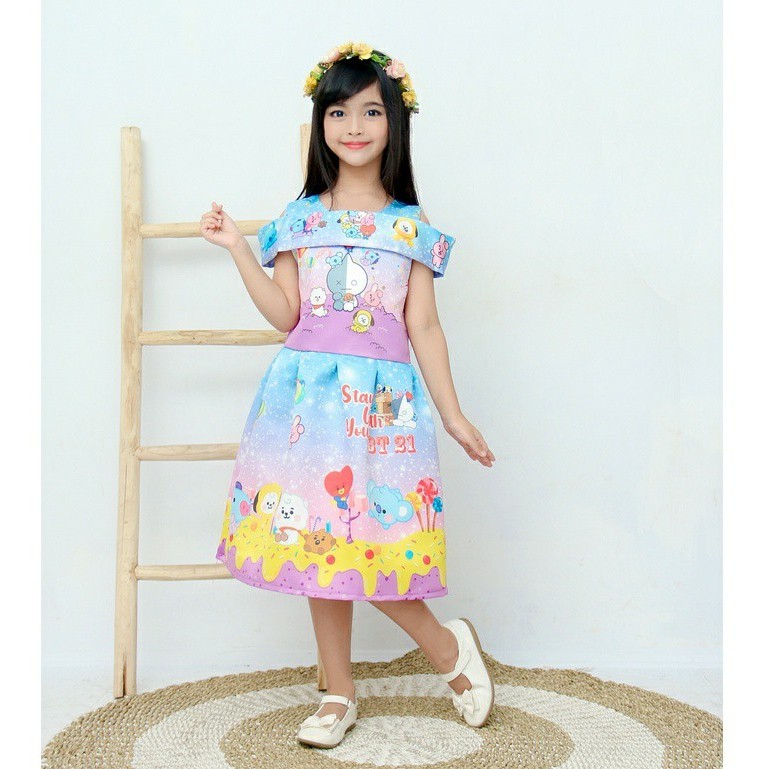 Dress satin bridal / dress sabrina motif BTS BT21 / baju pesta anak termurah / dress anak bestseller