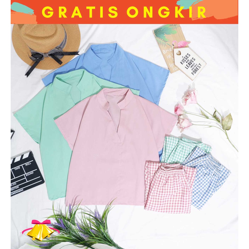 COTTONBELLS CASUAL JUMPSUIT WANITA BERDINE SQUARE PLAID V SET PANTS (JJ - JS 1758)-6