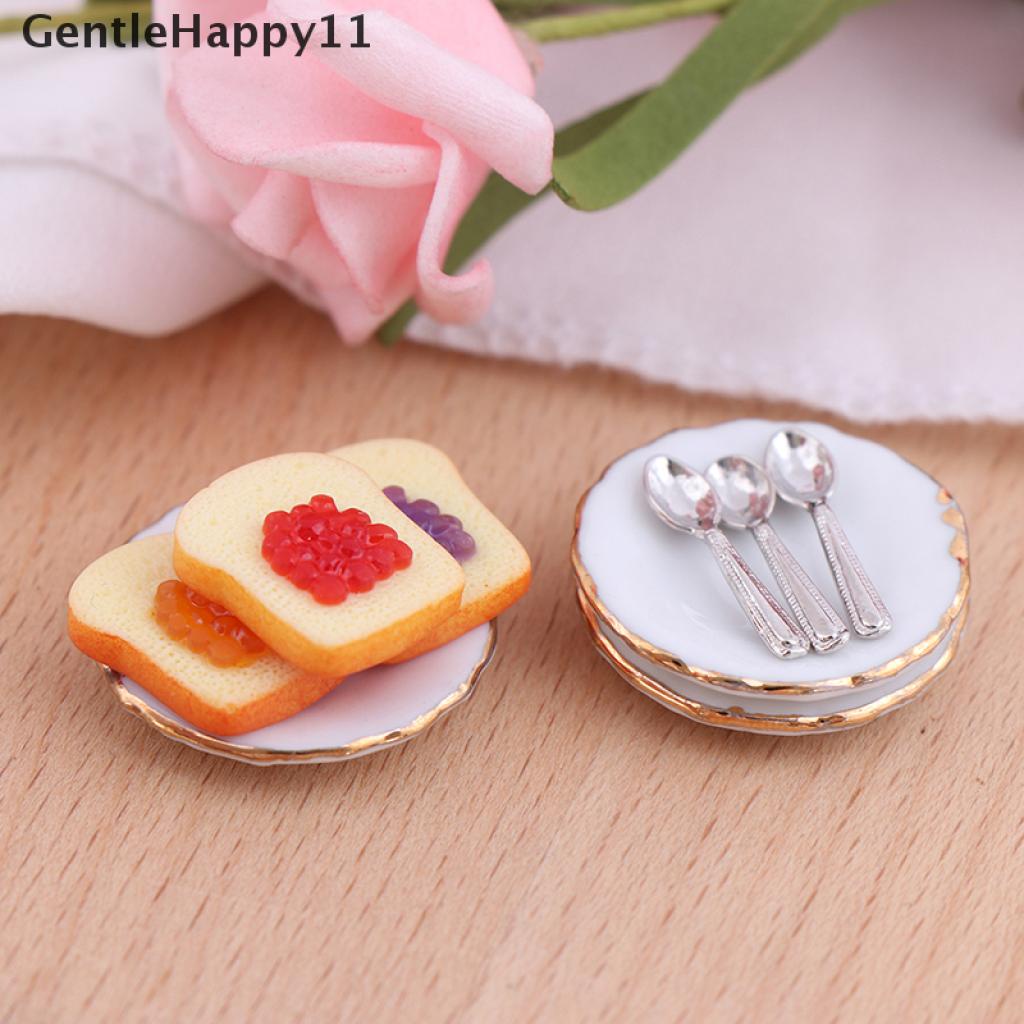 Gentlehappy 3Pcs / set Miniatur Piring + Sendok Roti Panggang Skala 1: 12 Untuk Aksesoris Rumah Boneka