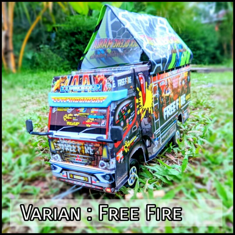 Truk Oleng Miniatur Truk Oleng Free Fire Mobile Legend Paket Lampu Terpal Roda Kayu P 30 cm