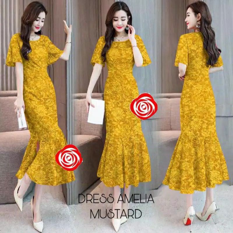 MAXI DRESS LENGAN PENDEK BRUKAT KOREAN STYLE DRESS BRUKAT TULANG TERBARU AMELIA DRESS BRUKAT WANITA 