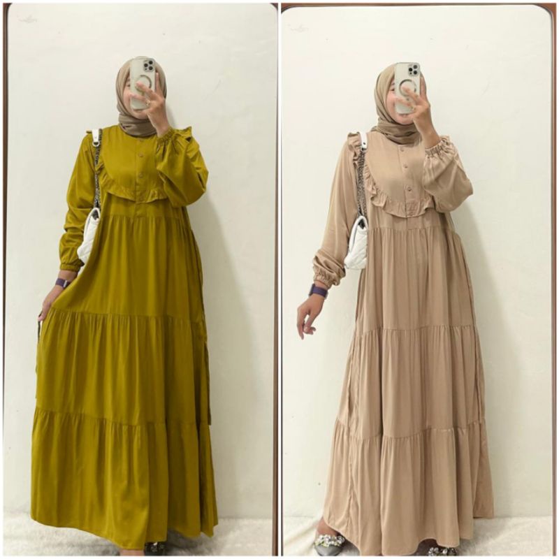 BISA COD AZKIYAHIJAB29 ANAYA DRESS GAMIS RAYON TWILL POLOS RUFFLE DADA BUSUI KANCING GAMIS SYARI CAS