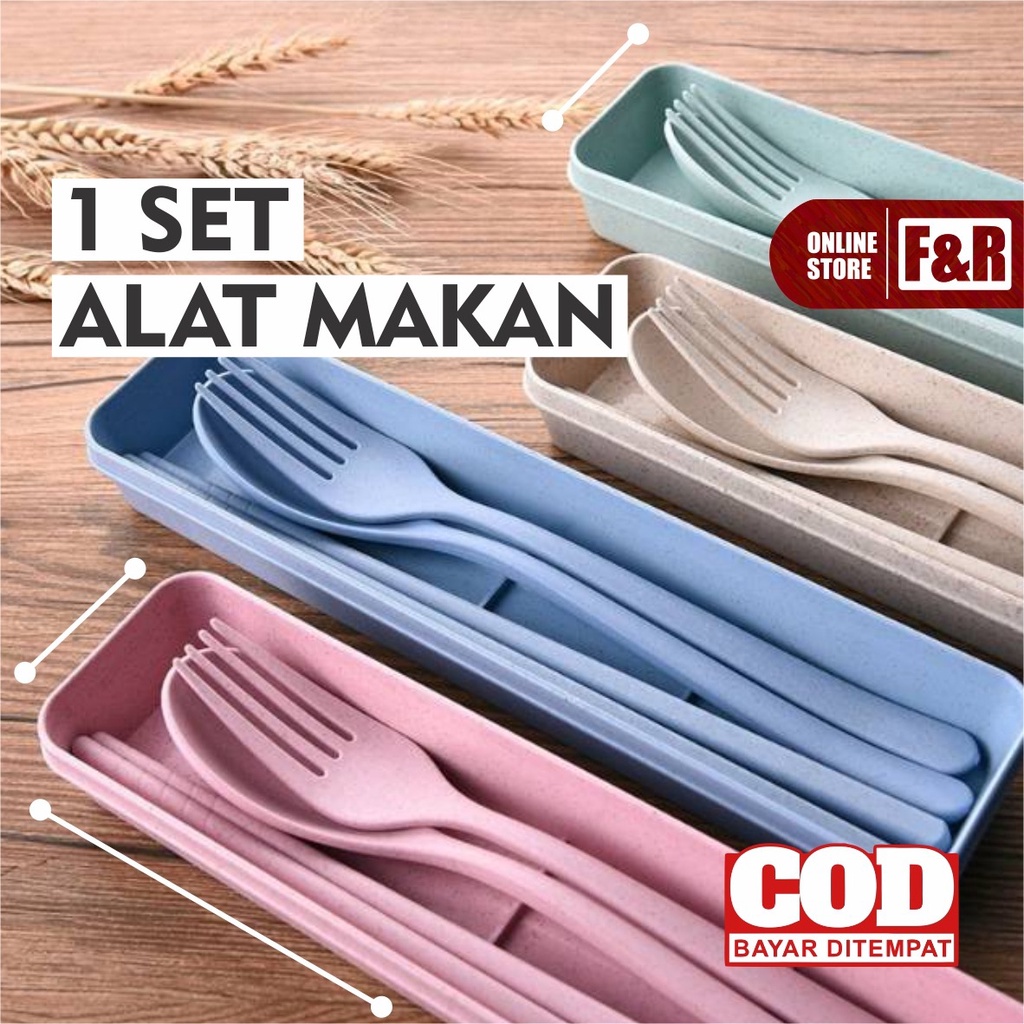 1 Set Alat Makan Sendok Garpu Sumpit + Box Plastik Jerami Wheat Straw Portable Travel Cutlery