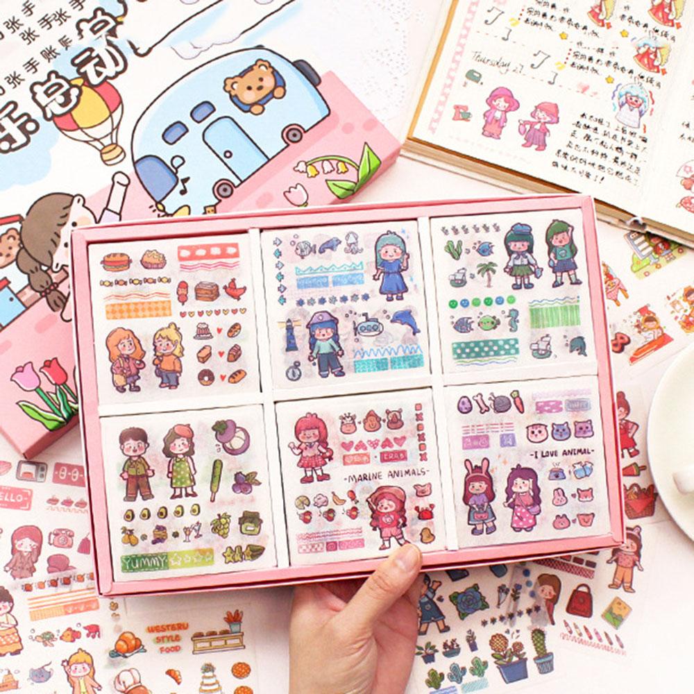 Agustinina Kawaii Stiker Set 200lembar/Box Kotak Hadiah DIY Scrapbooking Tahan Air Minum Makanan Hewan Perempuan Pola PET Perekat Decals