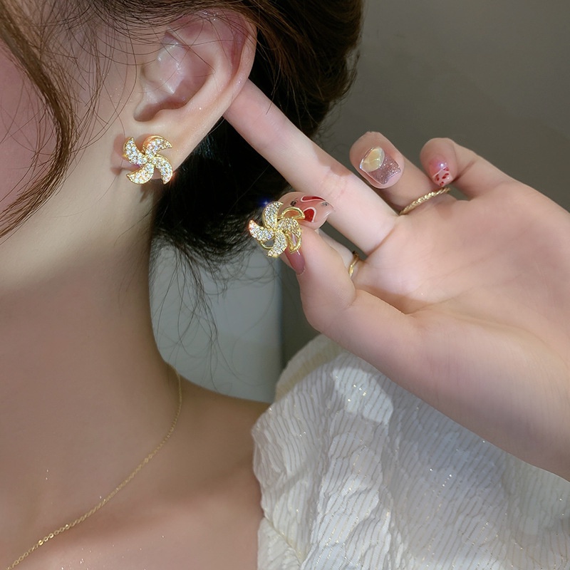 Fashion S925 Silver Needle New Rotating Windmill Earrings Micro-studded Earrings Earring Women Sweet Heart Jewelry