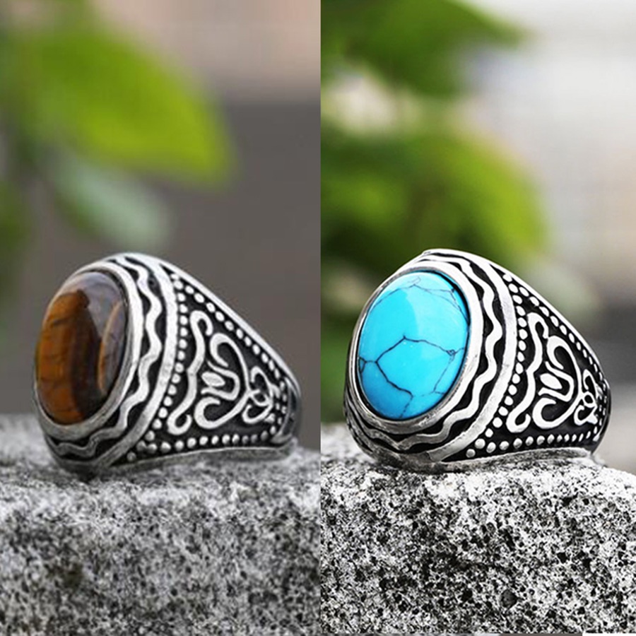 Batu Pirus Dan Mata Harimau Cincin Pria Baja Titanium Vintage Perak Fashion Punk Rings