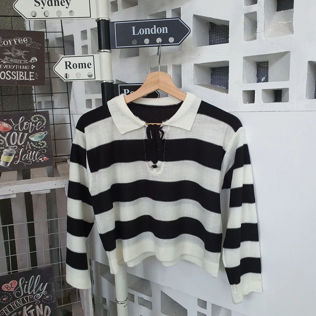 Atasan Wanita Sweater Crop Kerah Fuji Tali Bahan Rajut Korean Style Terbaru