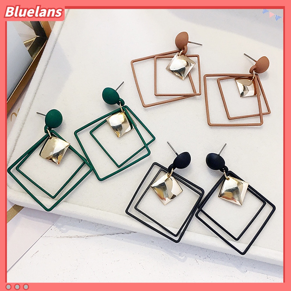 Bluelans 1 Pasang Anting Tusuk Gantung Wanita Bahan Alloy Desain Persegi Ganda Untuk Hadiah