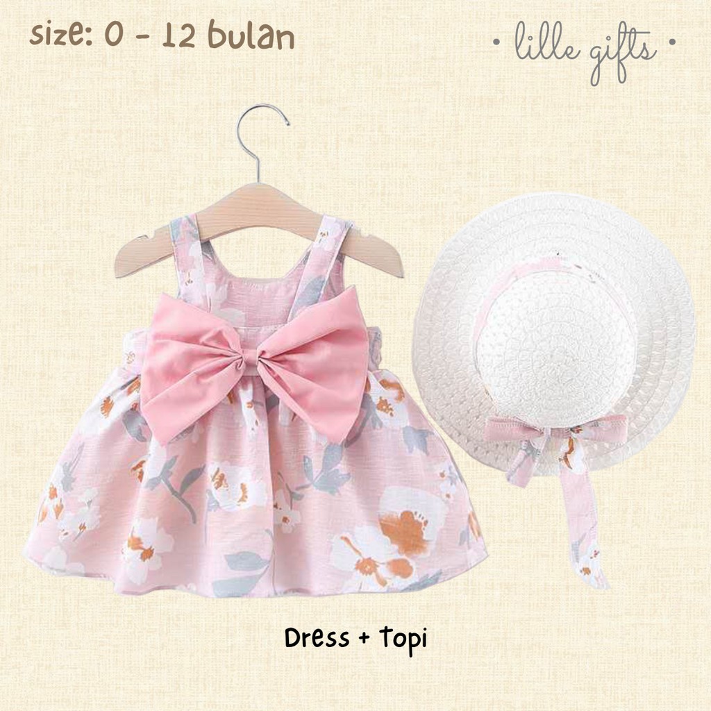 Summer Set - Dress Topi Setelan Baju Bayi Perempuan - Size Baby 0 - 12 Bulan - Lillegifts