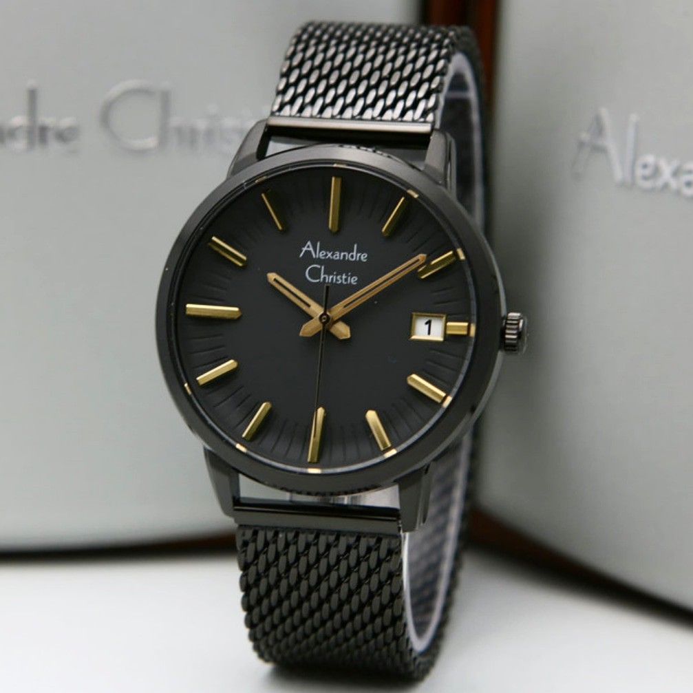 Jam Tangan Pria Alexandre Christie Original AC8640M Stainless Steel Hitam Gold