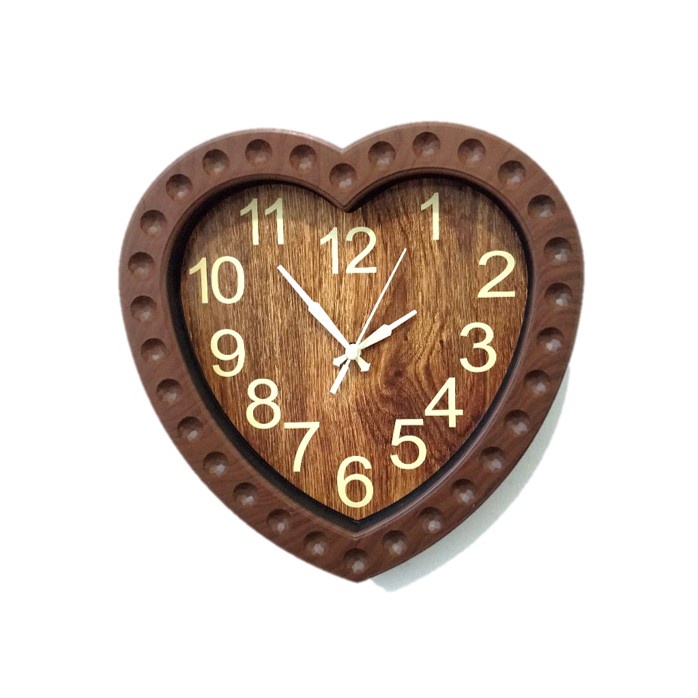 Jam Dinding Vintage Motif Kayu Wood Grain Bentuk Hati Love 23cm Free Baterai