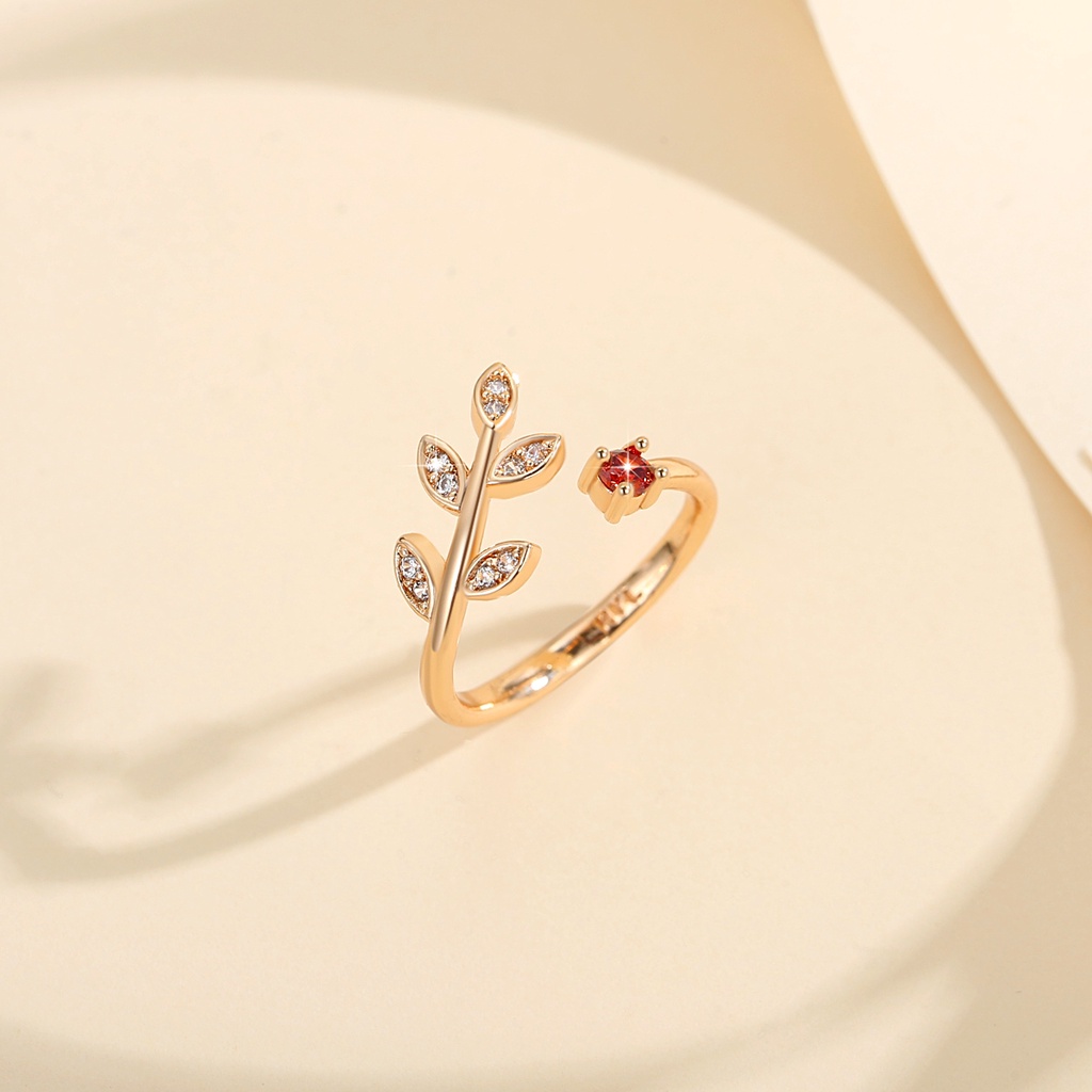 Y689 【COD】 Bentuk Leaves Cincin Terbuka Berlian Baja Titanium Emas Kristal Perhiasan Fashion Wanita
