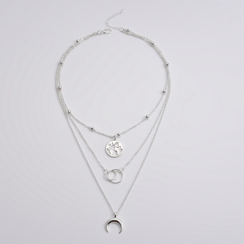 Fancyqube Kalung Multilayer Liontin Bulan Peta Dunia Warna Emas Gaya Retro Untuk Wanita