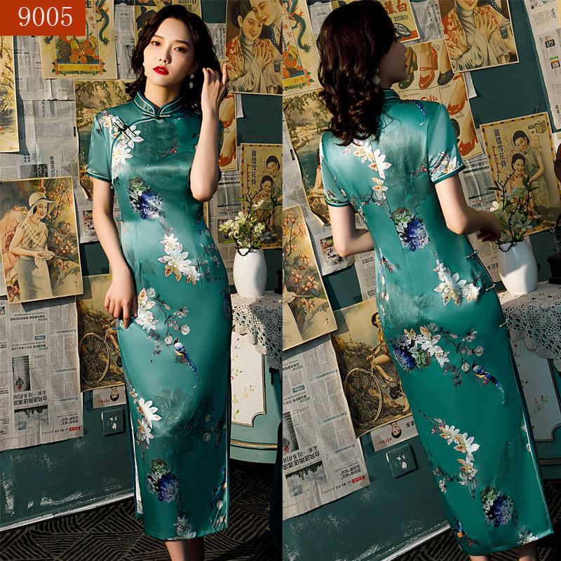 2022 summer new cheongsam long style retro slim fashion daily performance silk improved cheongsam dr