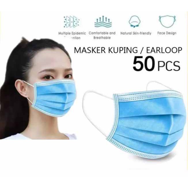Masker Earloop 3 Ply Import Pakai Dus Cantol  Isi 50 Pcs Daily Disposable Face Mask Besco, CAREION, 