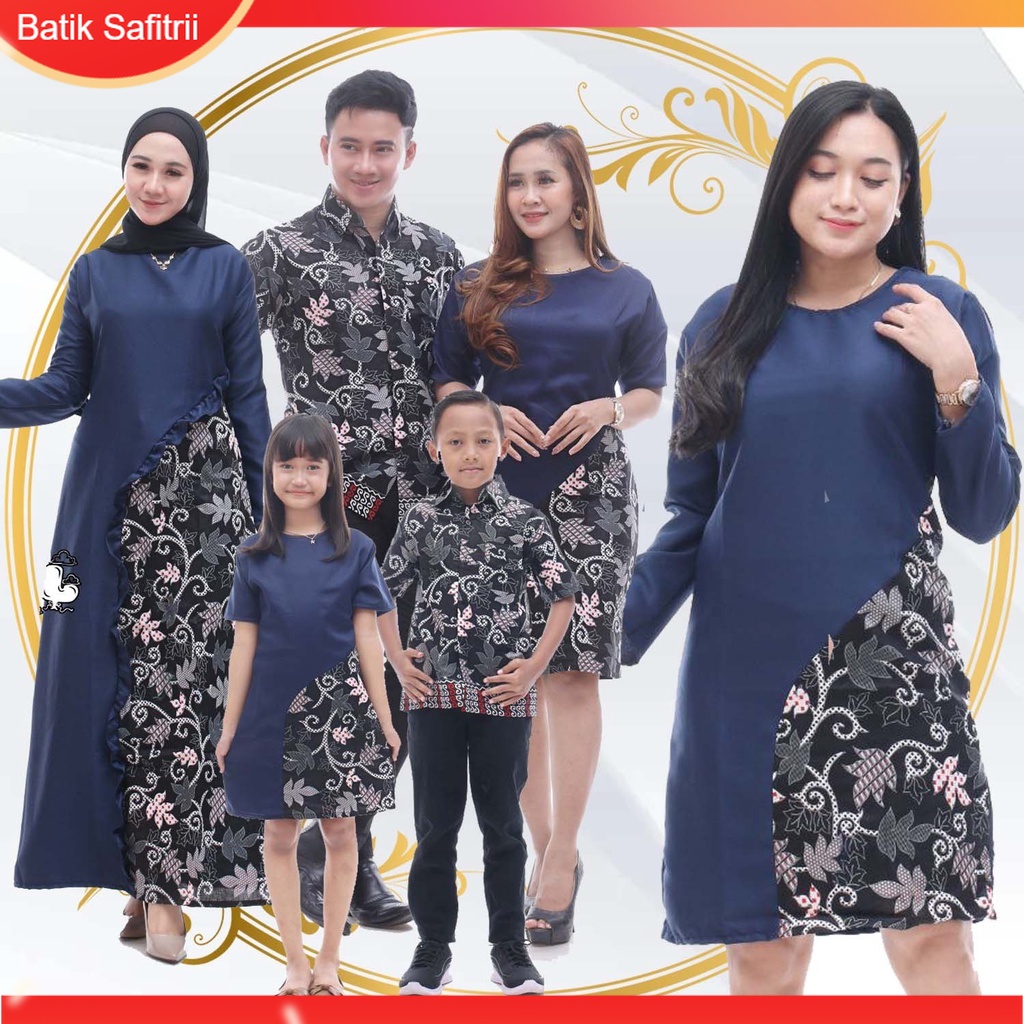 Couple Keluarga - Batik Keluarga Muslim Kombinasi - Ibu Bapak Anak - Motif Moscrep Biru Navy - Dress