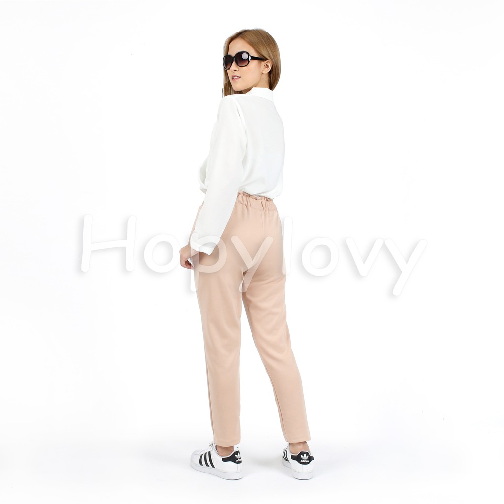 HOPYLOVY - Celana Panjang Wanita Bahan Scuba Tebal / Celana Bahan Wanita / Celana Kerja Variasi Ring Belt Ragna