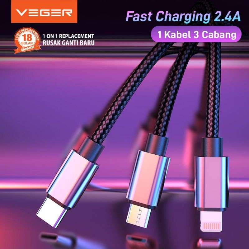 KABEL VEGER 3 IN 1 FAST CHARGING 2.4A 1KABEL 3CABANG FOR MICRO IPHONE TYPE C