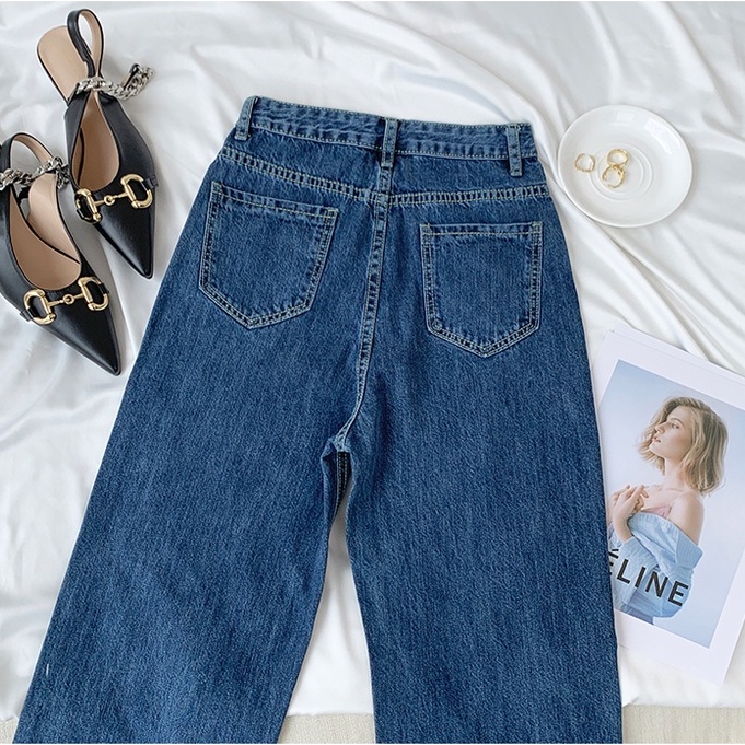 Denim Celana / High Waist Straight Celana Jeans Panjang Wanita Import（realpict）