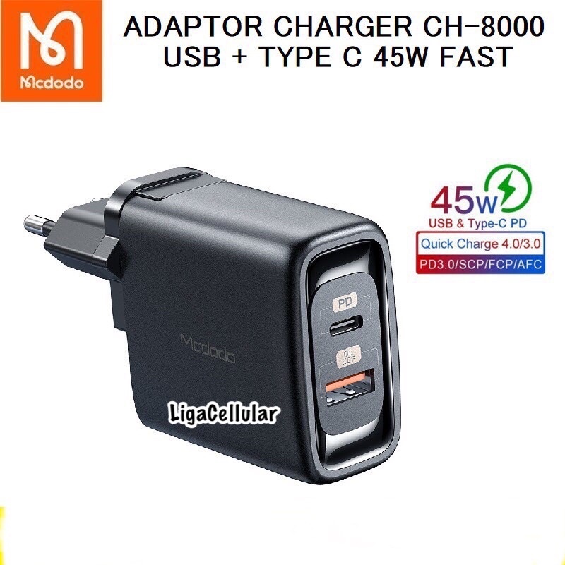 Kepala Adaptor Charger Mcdodo CH-8000 45W QC4.0 Usb A Type C Port Fast Charging