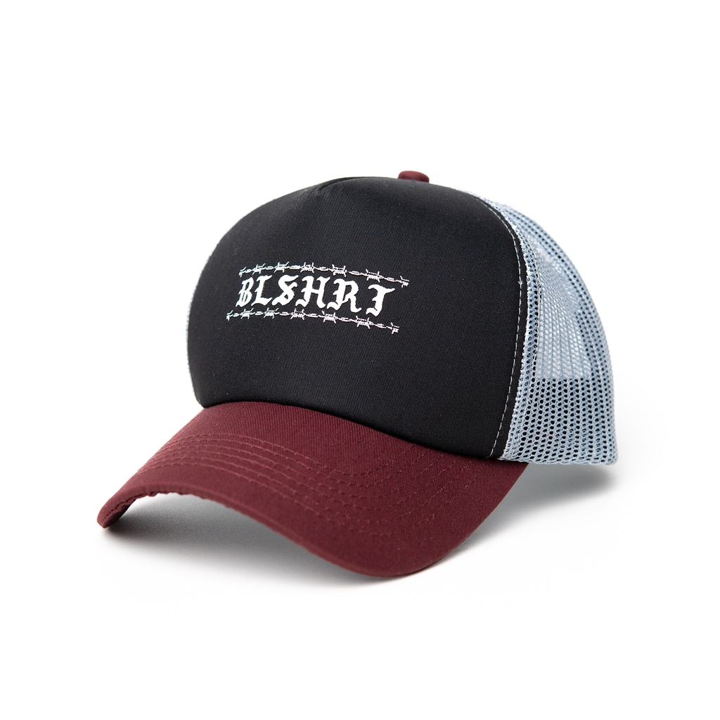 Bullshirt Topi Trucker Hat Jaring Original Distro Kombinasi Hitam Maroon