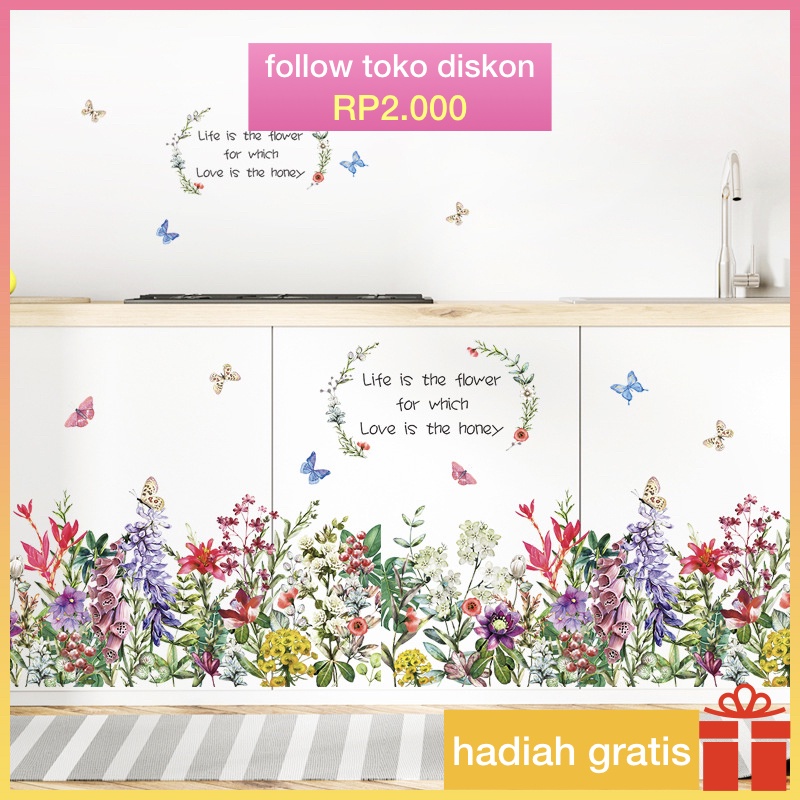 stiker dinding bagus wall stiker dinding pvc transparan （60cm*90cm）kebun bunga dan kupu2 kecil warna