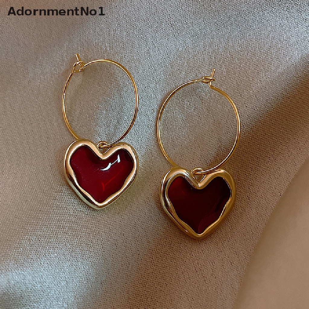 (AdornmentNo1) Anting Gantung Hati Enamel Warna Burgundy Untuk Wanita