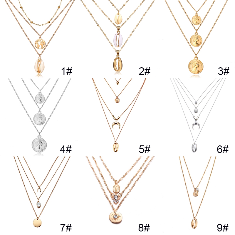 Kalung Multilayer Bahan Alloy Warna Emas Gaya Retro Untuk Wanita