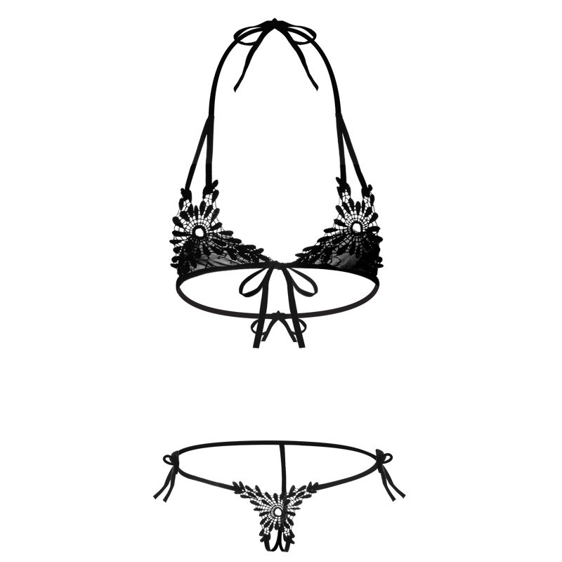 Lingerie Wanita Bra desain berongga Tali Renda Sexy Bikini Mini Open Crotch Thong Set 3B09