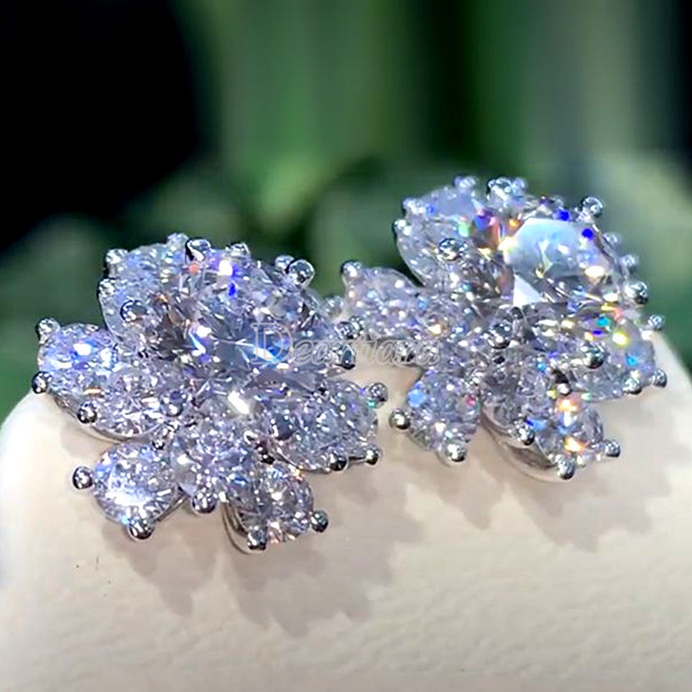 Anting Tusuk Desain Bunga Hias Zircon + Berlian Untuk Wanita