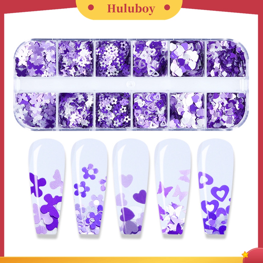 Huluboy Huluboy♡ 12 Grids Glitter Portable Warna Ungu Plum Blossom Untuk Dekorasi Kuku Jari Wanita