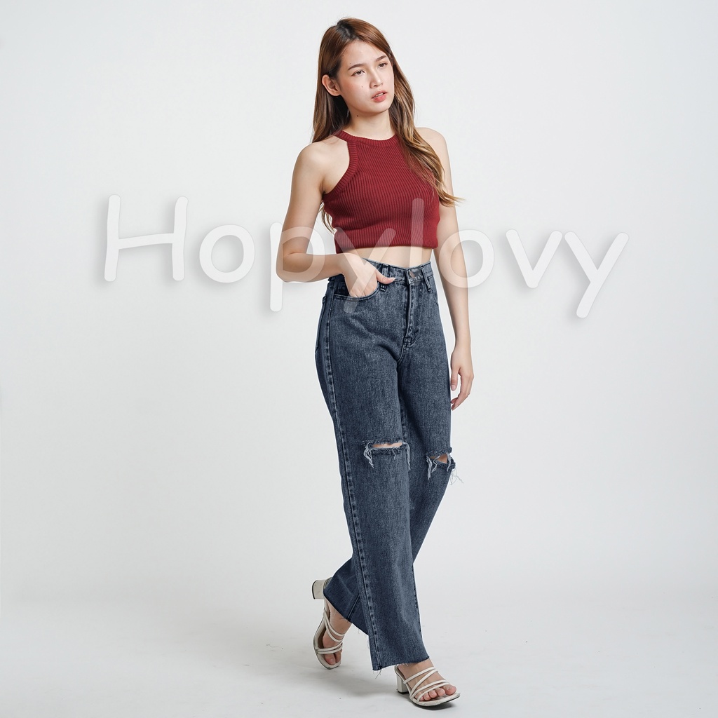 HOPYLOVY - Celana Highwaist Boyfriend Loose Jeans Wanita BF Sobek Unfinished Nediva