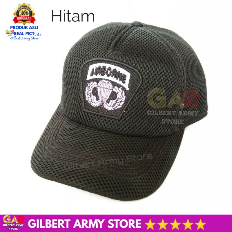 Topi Airborne Jaring Tan Gurun  Hitam Logo Bordir Tni Militer Gilbert Army Store Murah Kualitas Premium Grosir