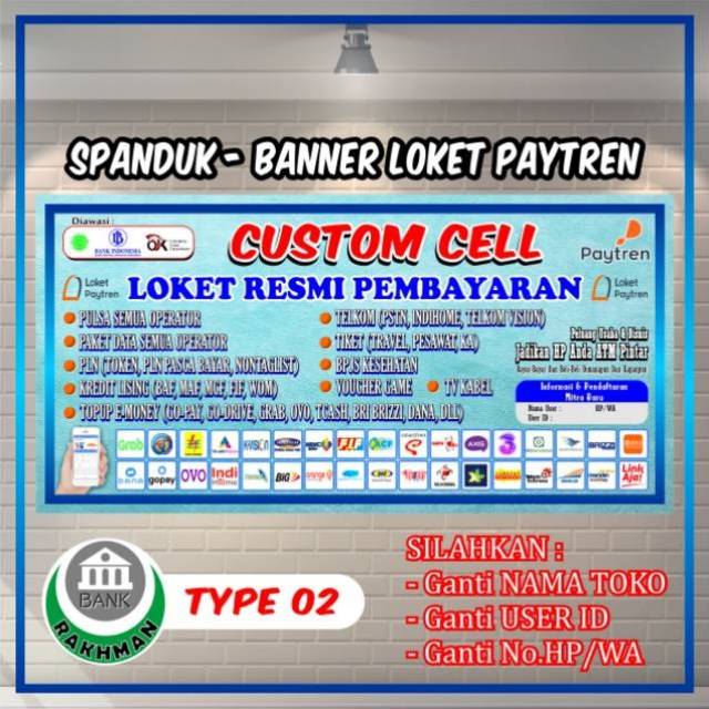 SPANDUK BANNER CUSTOM CELL LOKET RESMI/PPOB/PULSA PAYTREN UKURAN 200cm X 100cm
