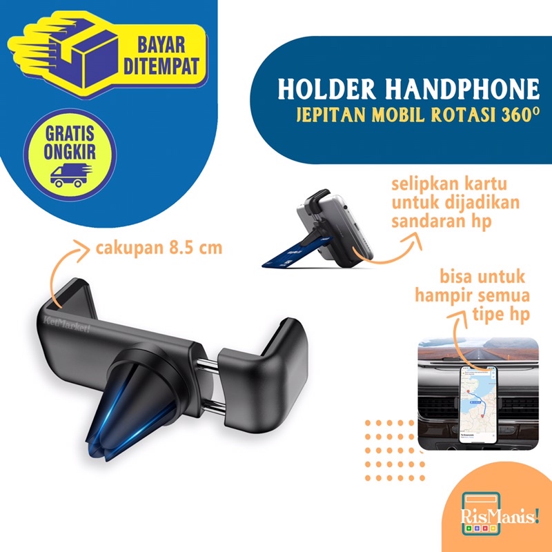 ROTATABLE CAR PHONE HOLDER - Penjepit Penahan HP Ponsel MP3 GPS AC Mobil Serbaguna Rotasi 360 Awet