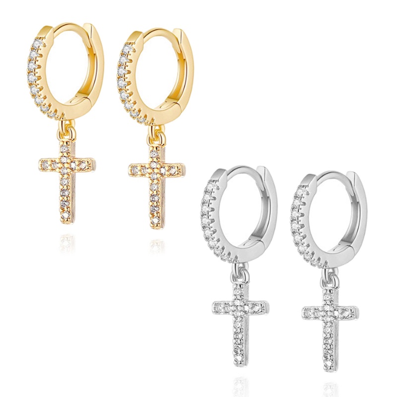 Anting Liontin Salib Bahan Zirkon Warna Silver Untuk Aksesoris Wanita